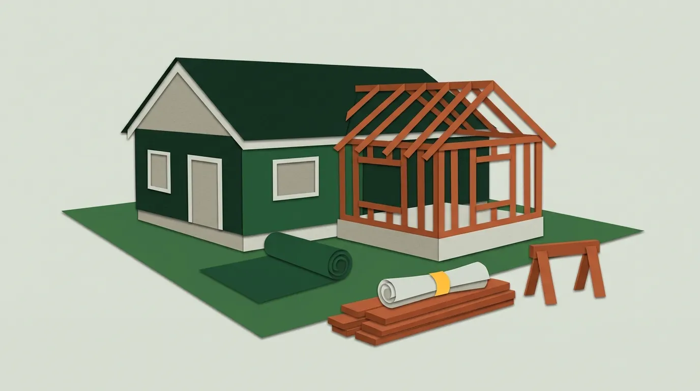 A home addition being framed off the back of a one-story house, with lumber, a sawhorse and rolled-up plans