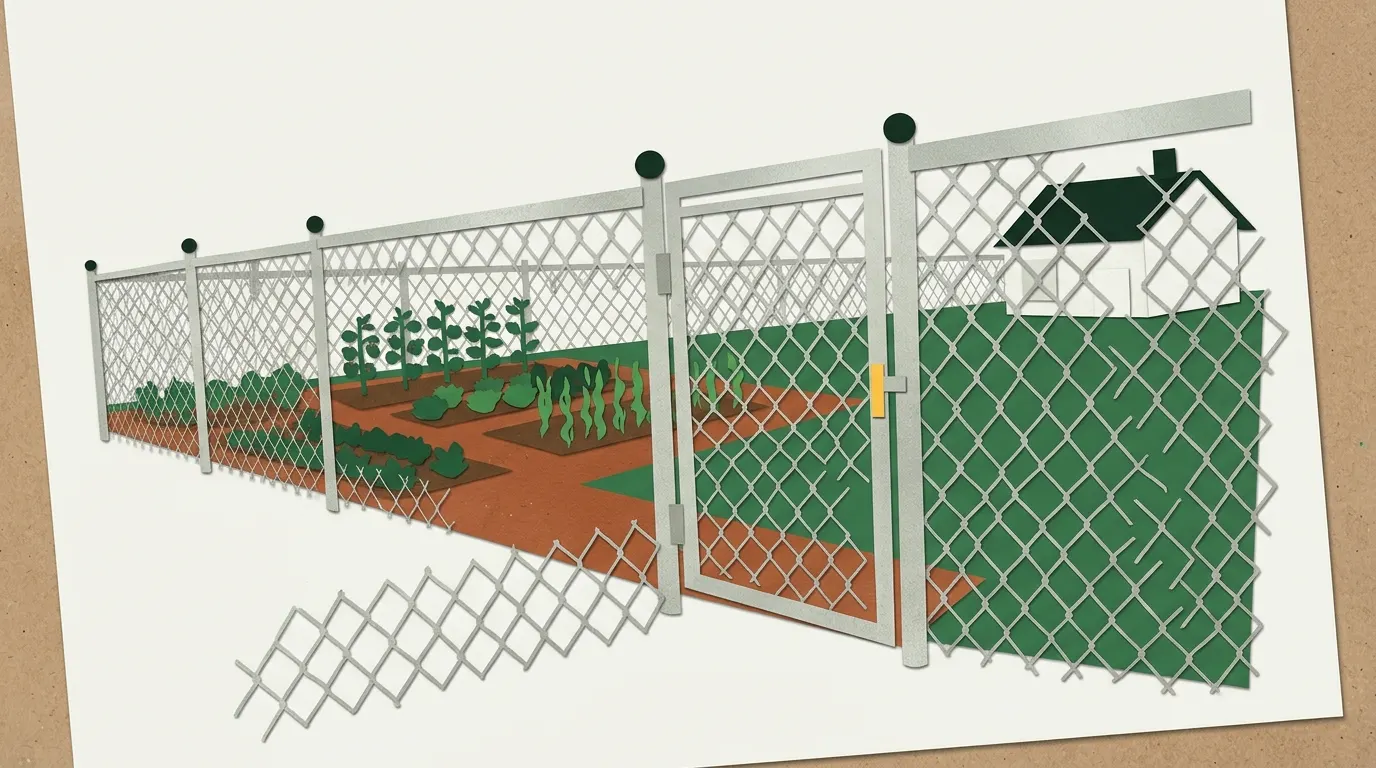 A silver chain-link fence with a walk-through gate around a backyard, with the garden visible through the mesh