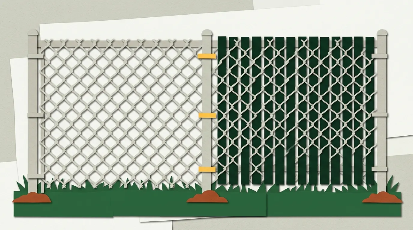 Two chain-link fence sections, one plain open mesh and one with green privacy slats woven in