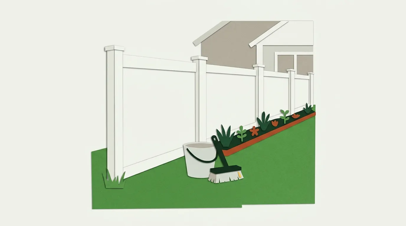 A white vinyl privacy fence along a backyard lawn with a bucket and soft brush at its base