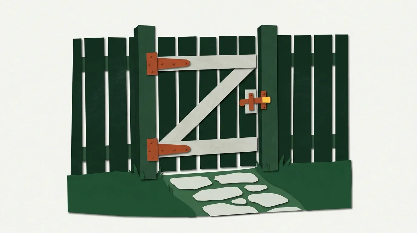 A wooden fence gate with a diagonal brace, strap hinges and a latch, between two posts at the end of a path