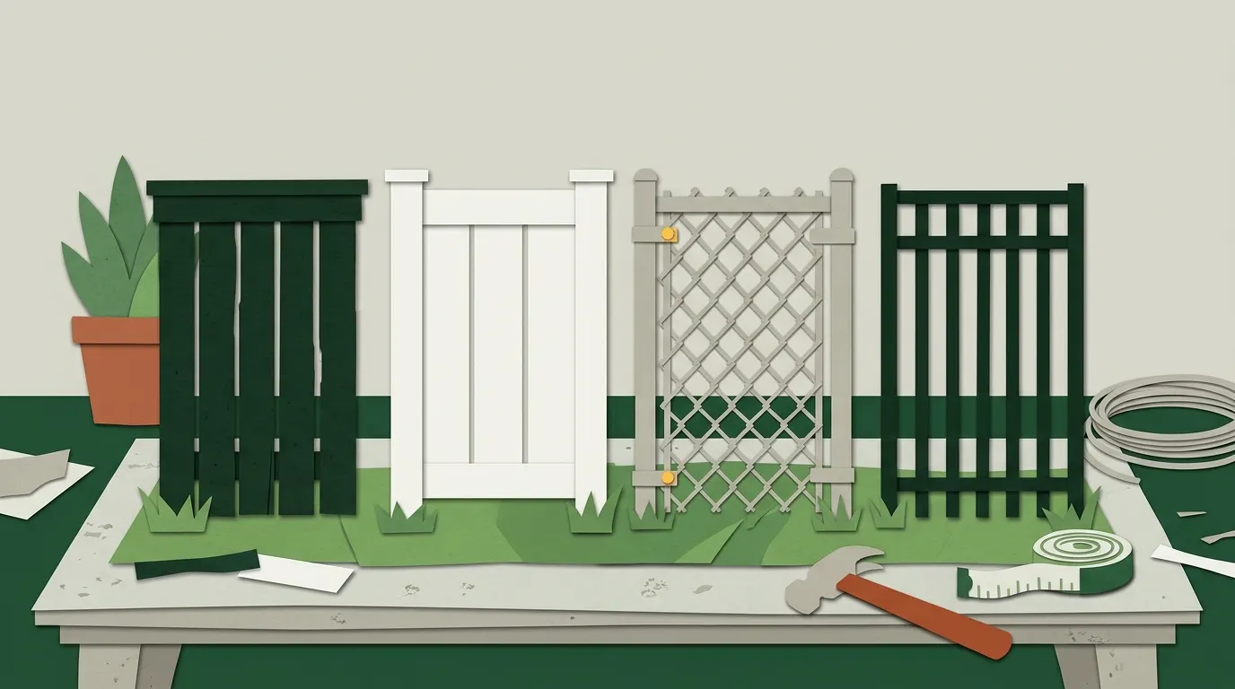 Four fence materials side by side: wood privacy boards, white vinyl, chain link and black aluminum pickets