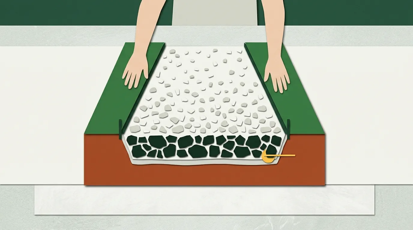 Cutaway of a gravel driveway showing soil, landscape fabric, a coarse base layer and a top layer of gravel
