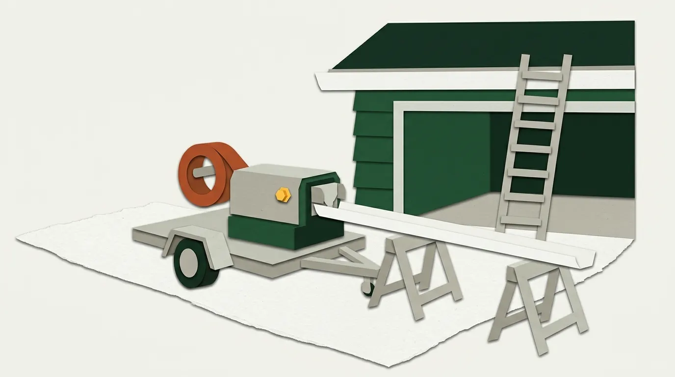A long seamless gutter coming out of a forming machine in a driveway next to a one-story house