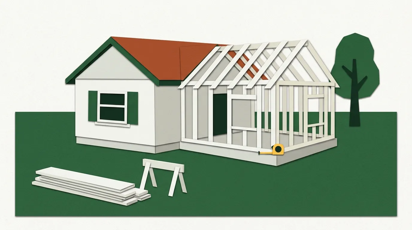 A new room addition being framed beside a one-story house, with wood studs and rafters on a fresh foundation