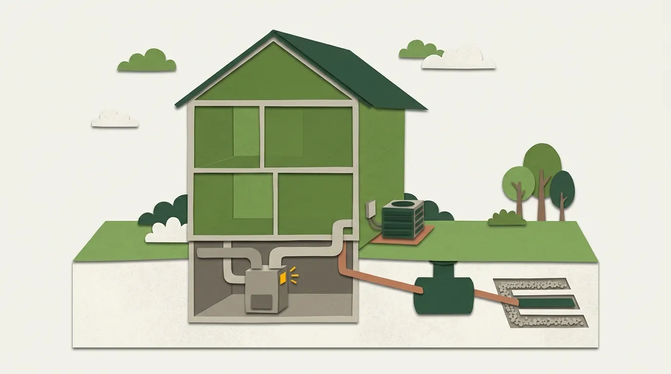Cutaway of a house with a basement furnace, ducts, an outdoor AC unit and a buried septic tank with a drain field