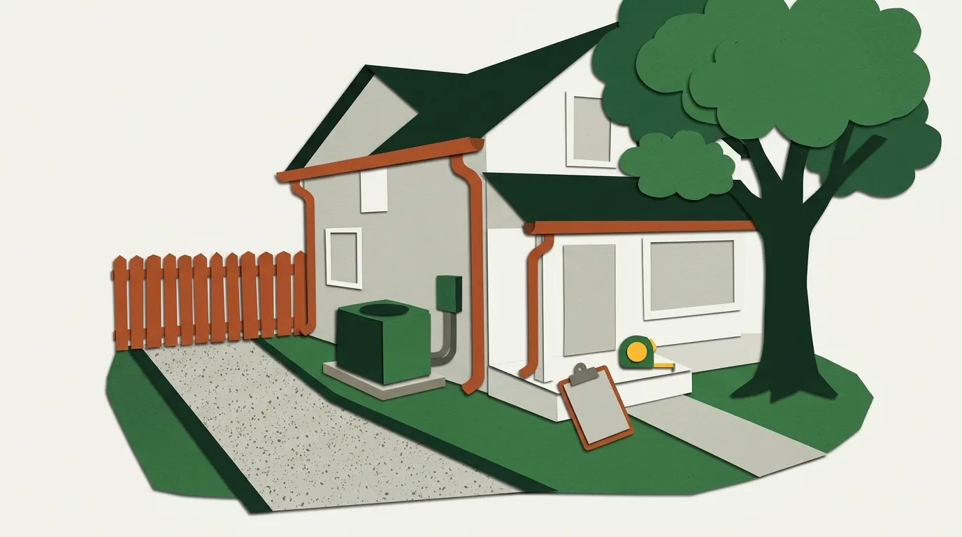 A suburban house with new gutters, a wood fence, an outdoor AC unit, a gravel driveway and a large tree