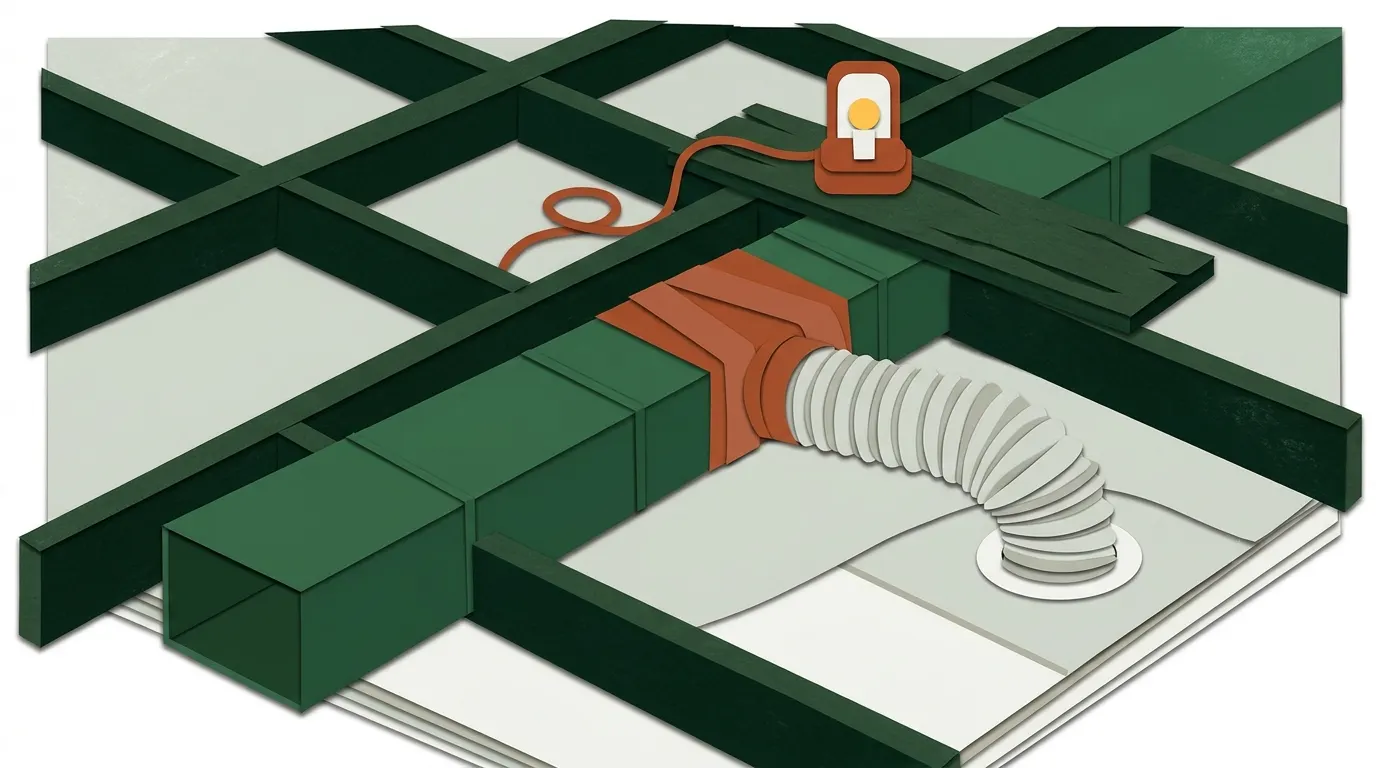 Attic cutaway showing supply ducts running between joists to ceiling vents, with one joint freshly sealed