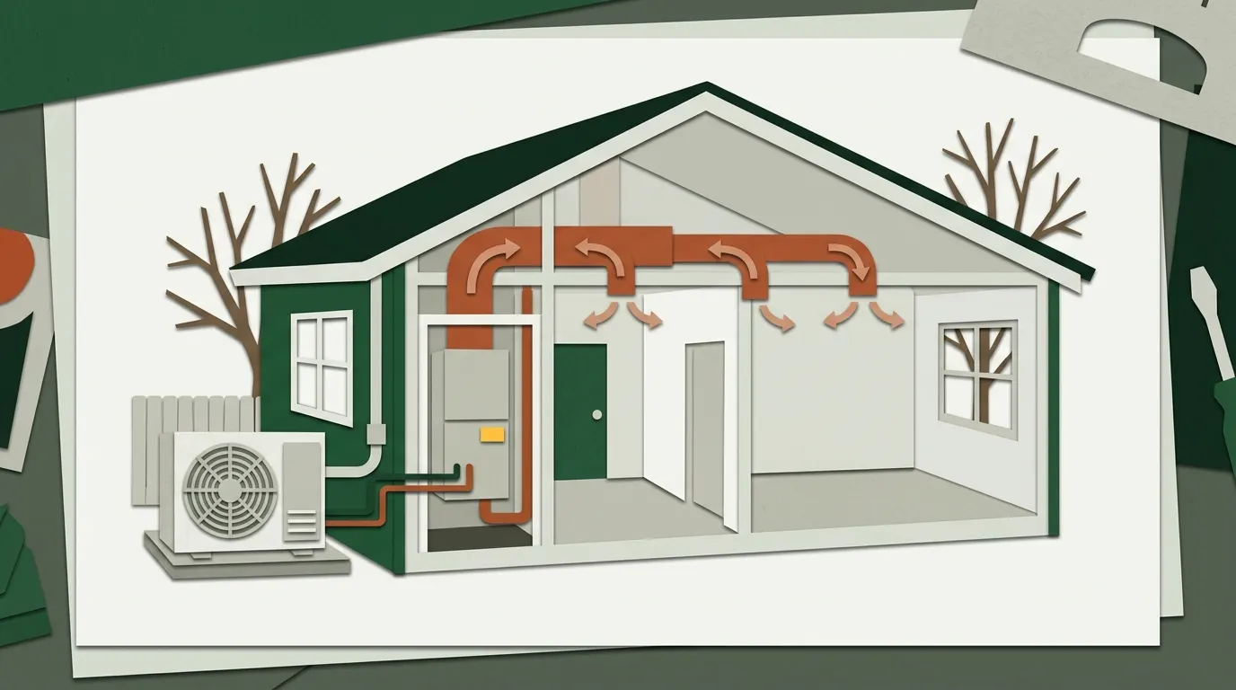Cutaway of a house with a heat pump outdoor unit, an indoor air handler and ducts carrying warm air to the rooms
