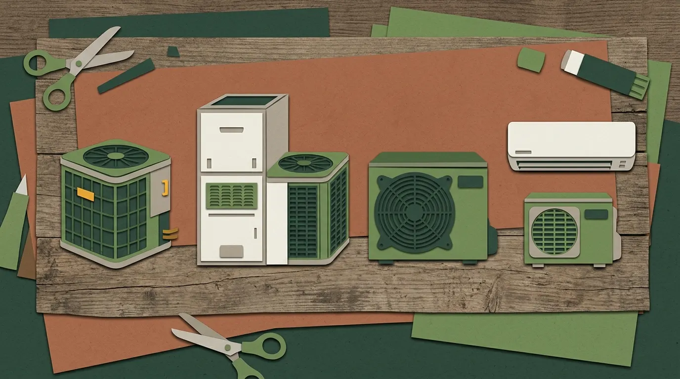Four HVAC systems side by side: central AC, furnace with AC, heat pump and a ductless mini-split