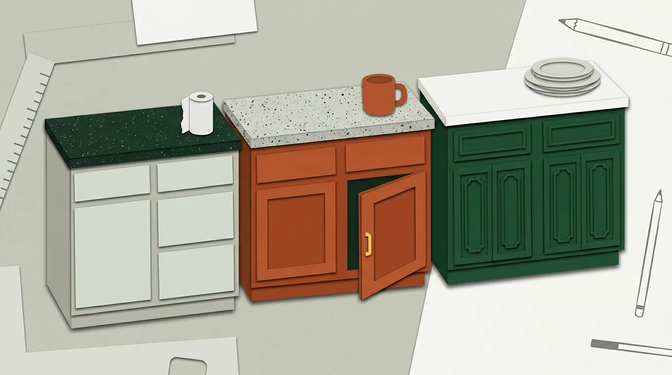 Three kitchen cabinet styles side by side with laminate, granite and quartz countertops