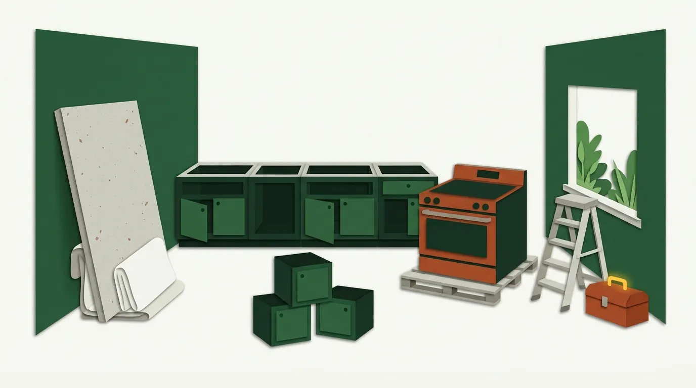 A kitchen being remodeled, with new base cabinets, a countertop slab leaning on the wall and a new range on a pallet