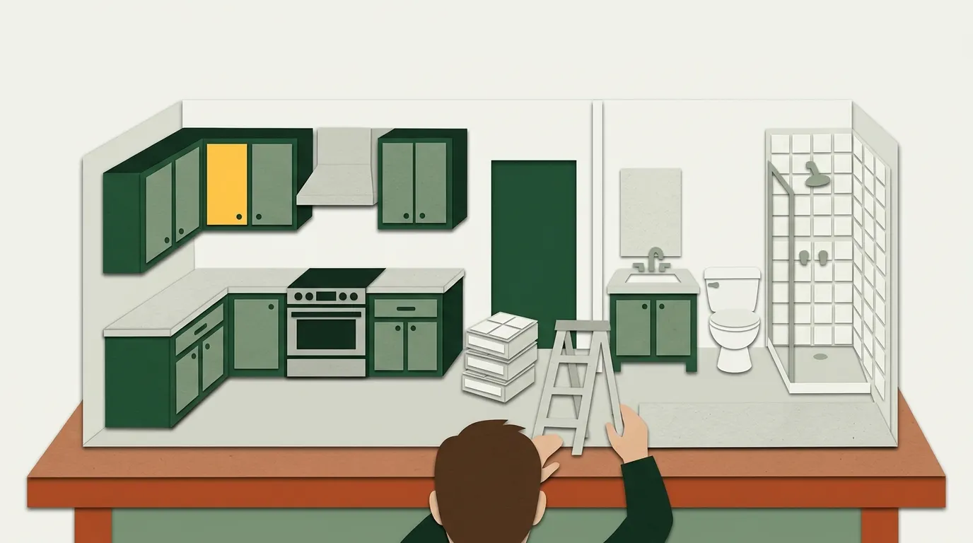 Cutaway of a house with a kitchen and a bathroom being remodeled side by side, with tile boxes and a step ladder