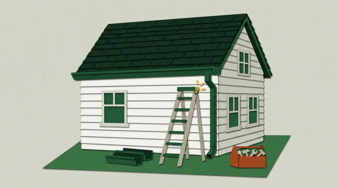A two-story house with a shingle roof, new gutters and a downspout, with a ladder and gutter sections on the lawn