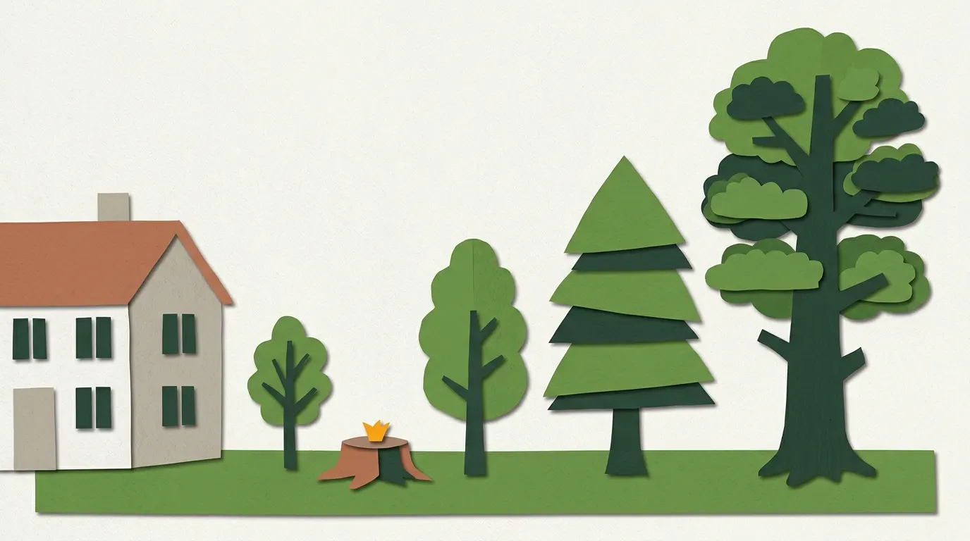 Four trees of rising height in a row next to a two-story house, showing how tree size changes the job